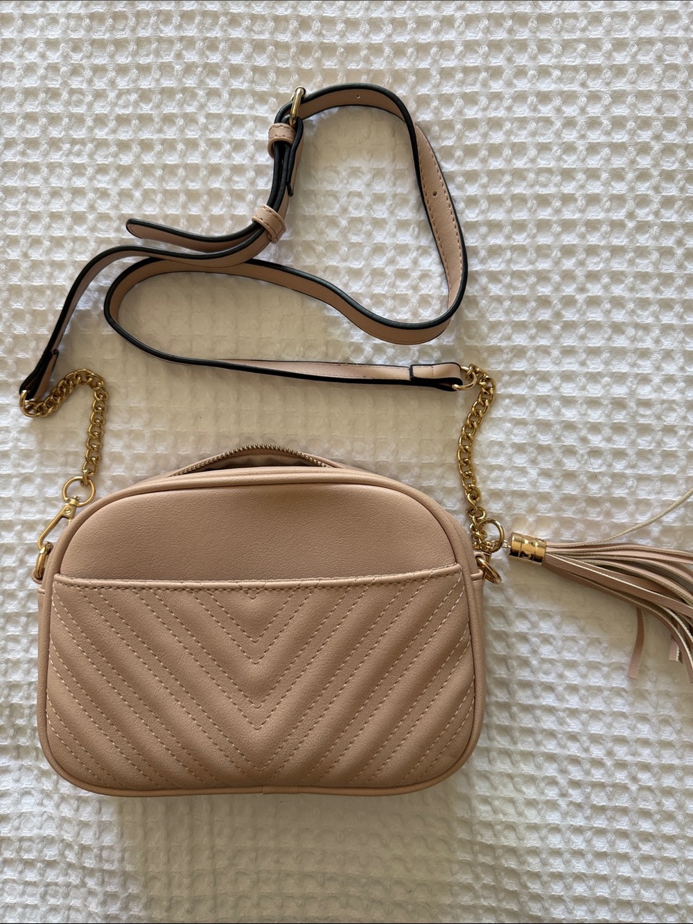 Beige Quilted Crossbody Bag with Tassel